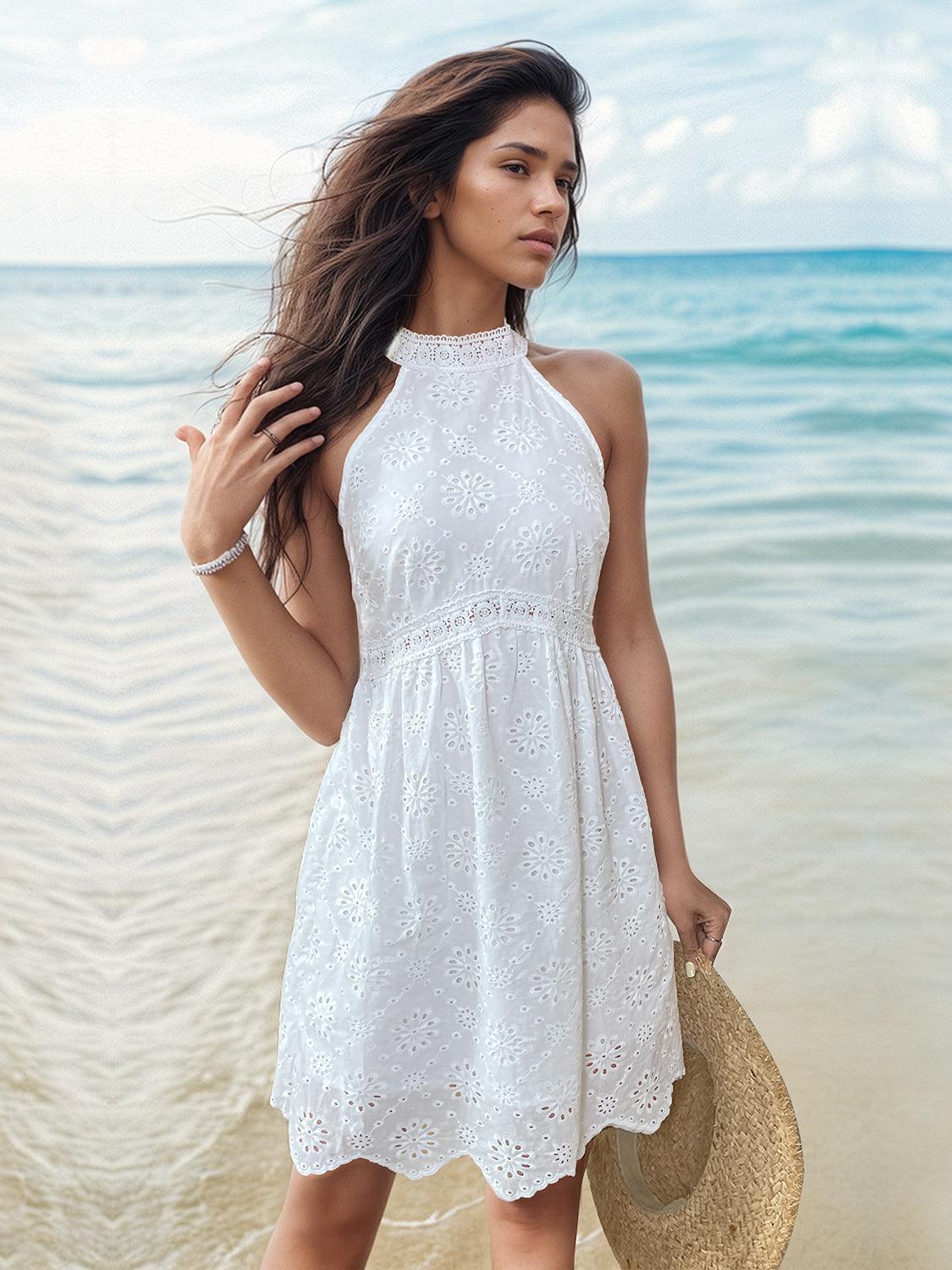 Perfee Eyelet Grecian Neck Mini Dress - Trendy by Luna