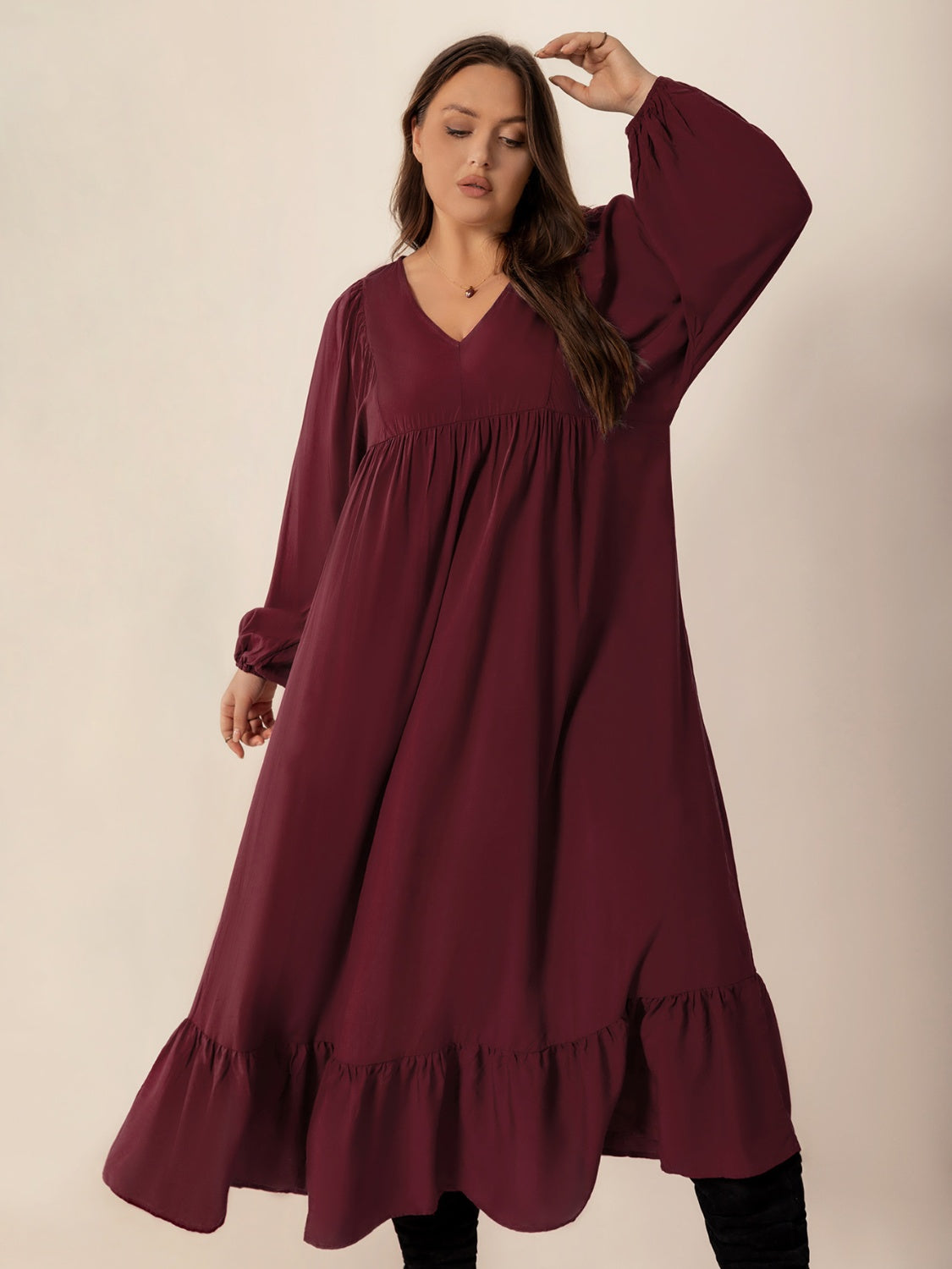 Plus Size Ruffled Hem V-Neck Balloon Sleeve Dress - Trendy by Luna