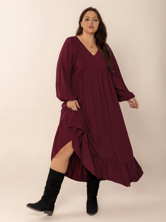 Plus Size Ruffled Hem V-Neck Balloon Sleeve Dress - Trendy by Luna