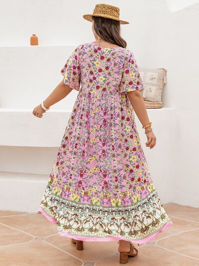 Plus Size Floral Tie Neck Flutter Sleeve Maxi Dress - Trendy by Luna
