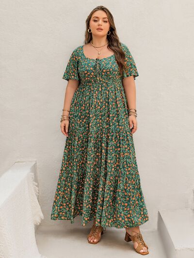 Plus Size Printed Short Sleeve Tiered Maxi Dress - Trendy by Luna