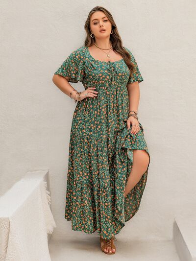 Plus Size Printed Short Sleeve Tiered Maxi Dress - Trendy by Luna