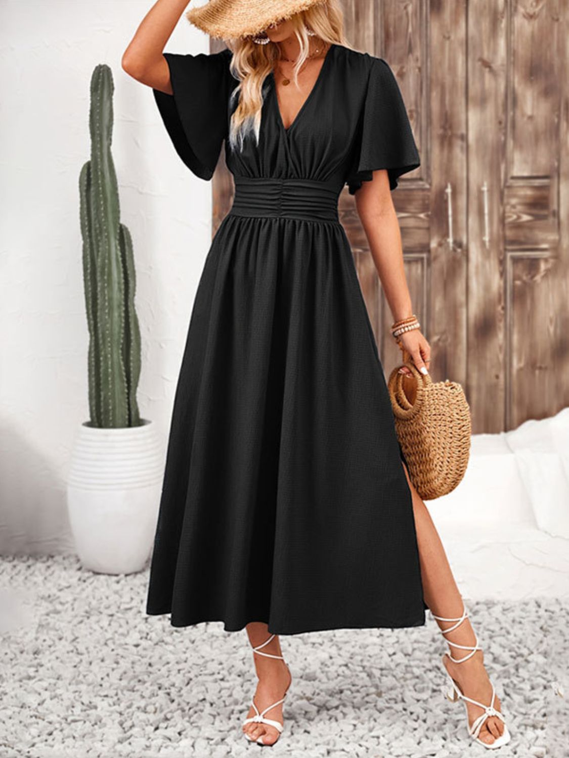 Side Slit Surplice Flutter Sleeve Midi Dress - Trendy by Luna