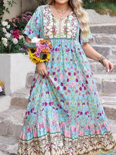 Plus Size Printed Tie Neck Flutter Sleeve Maxi Dress - Trendy by Luna