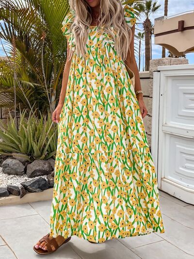 Ruffled Printed Cap Sleeve Midi Dress - Trendy by Luna