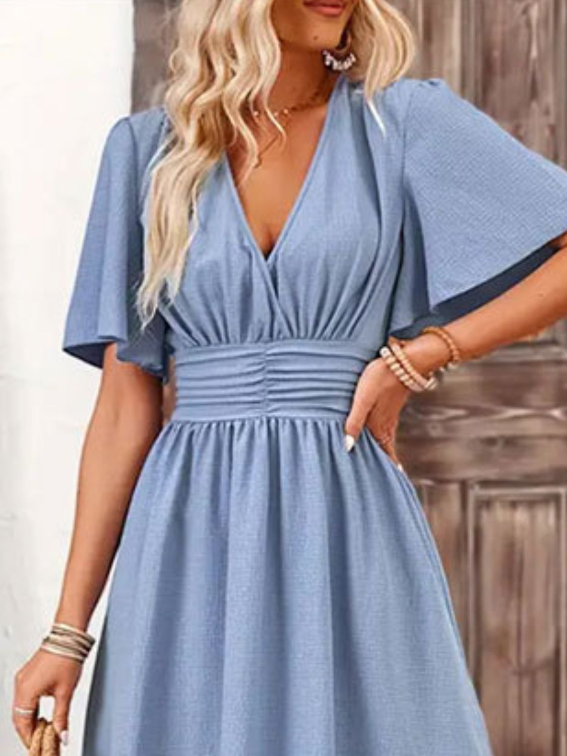 Side Slit Surplice Flutter Sleeve Midi Dress - Trendy by Luna