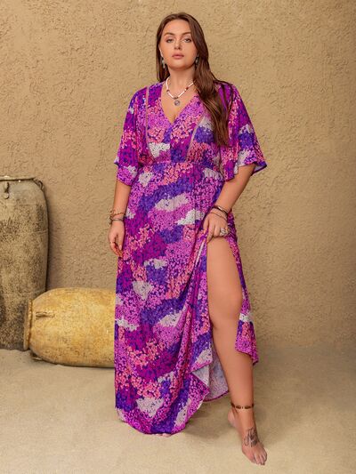 Plus Size Slit Printed Half Sleeve Maxi Dress - Trendy by Luna
