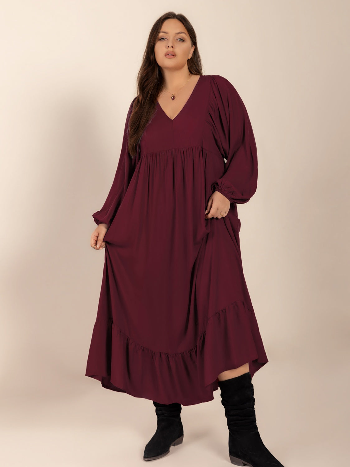 Plus Size Ruffled Hem V-Neck Balloon Sleeve Dress - Trendy by Luna