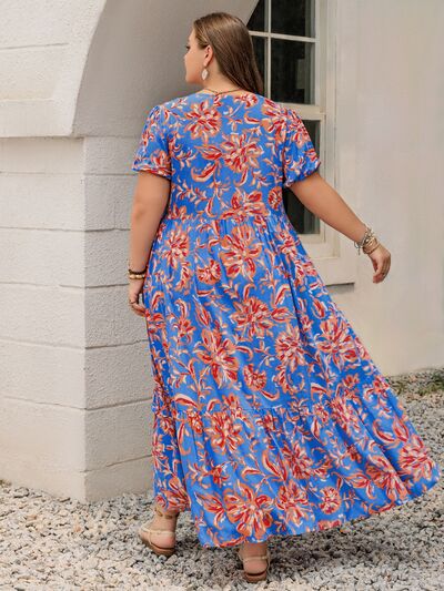 Plus Size Ruffled Printed V-Neck Short Sleeve Maxi Dress - Trendy by Luna