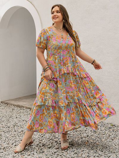 Plus Size Printed V-Neck Short Sleeve Maxi Dress - Trendy by Luna