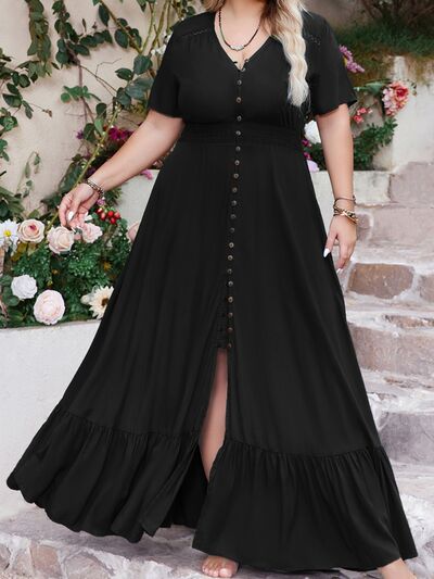 Plus Size Ruffled Hem Button Down V-Neck Short Sleeve Maxi Dress - Trendy by Luna