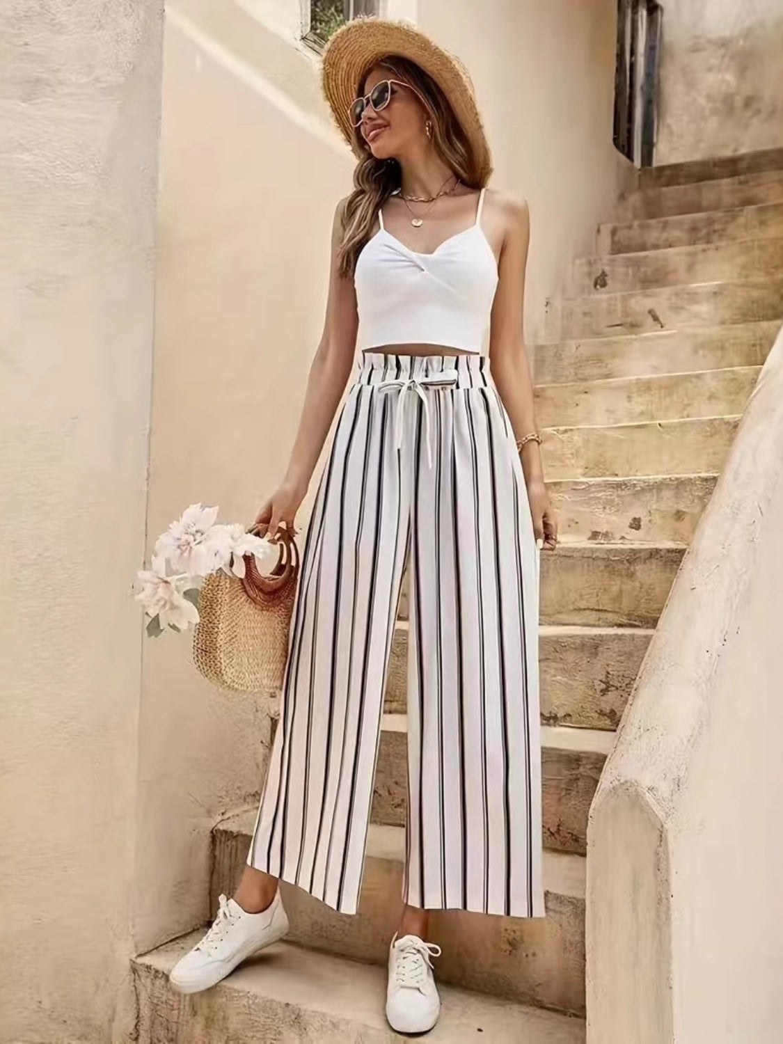 Tied Striped Wide Leg Pants - Trendy by Luna