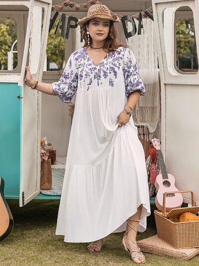 Plus Size Printed Tie Neck Half Sleeve Maxi Dress - Trendy by Luna