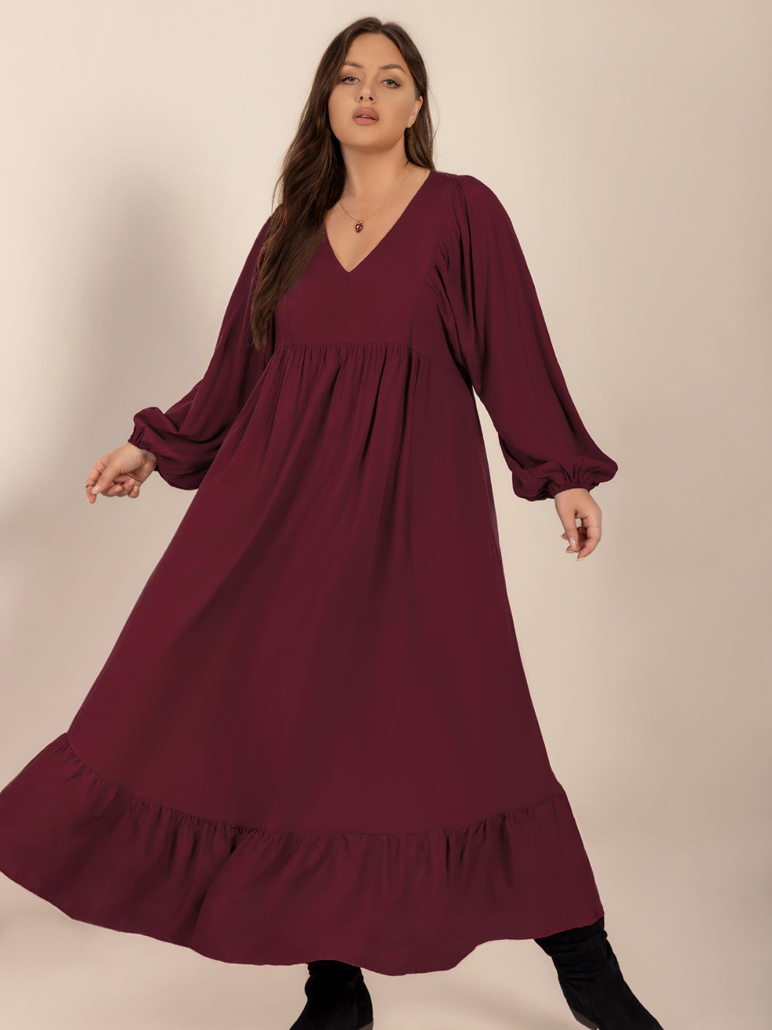 Plus Size Ruffled Hem V-Neck Balloon Sleeve Dress - Trendy by Luna