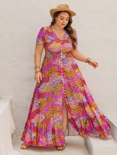 Plus Size Button Up Printed Short Sleeve Maxi Dress - Trendy by Luna