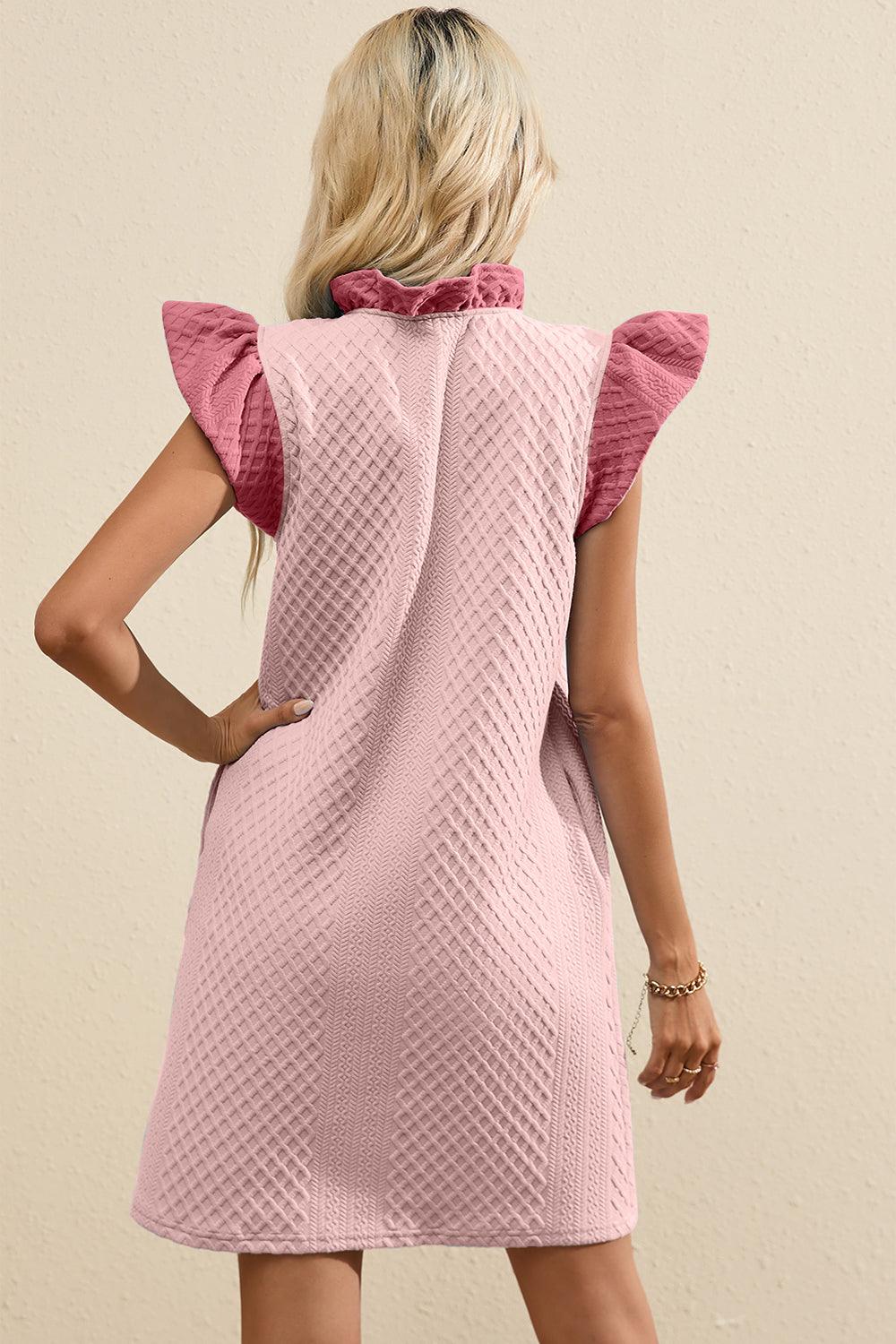 Ruffled V-Neck Cap Sleeve Mini Dress - Trendy by Luna