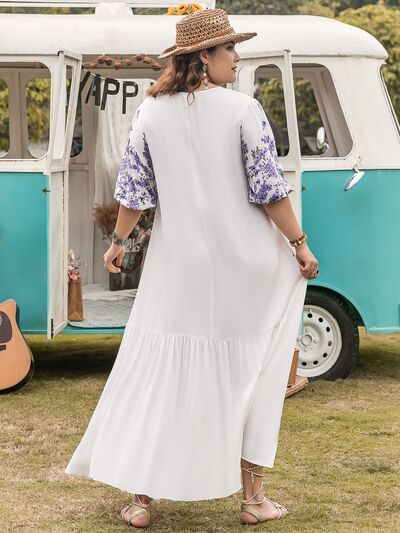 Plus Size Printed Tie Neck Half Sleeve Maxi Dress - Trendy by Luna