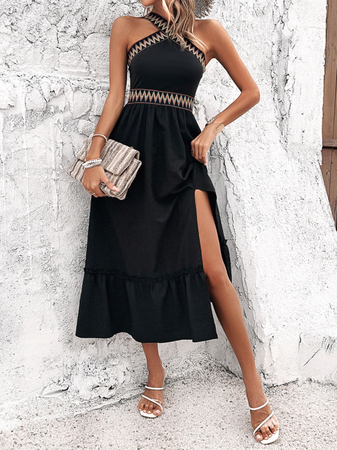 Ruffled Slit Sleeveless Midi Dress - Trendy by Luna