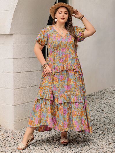 Plus Size Printed V-Neck Short Sleeve Maxi Dress - Trendy by Luna