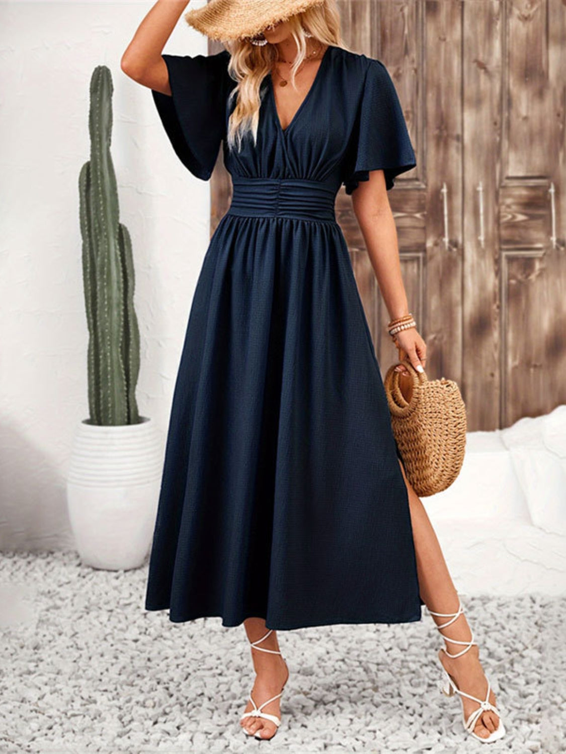 Side Slit Surplice Flutter Sleeve Midi Dress - Trendy by Luna
