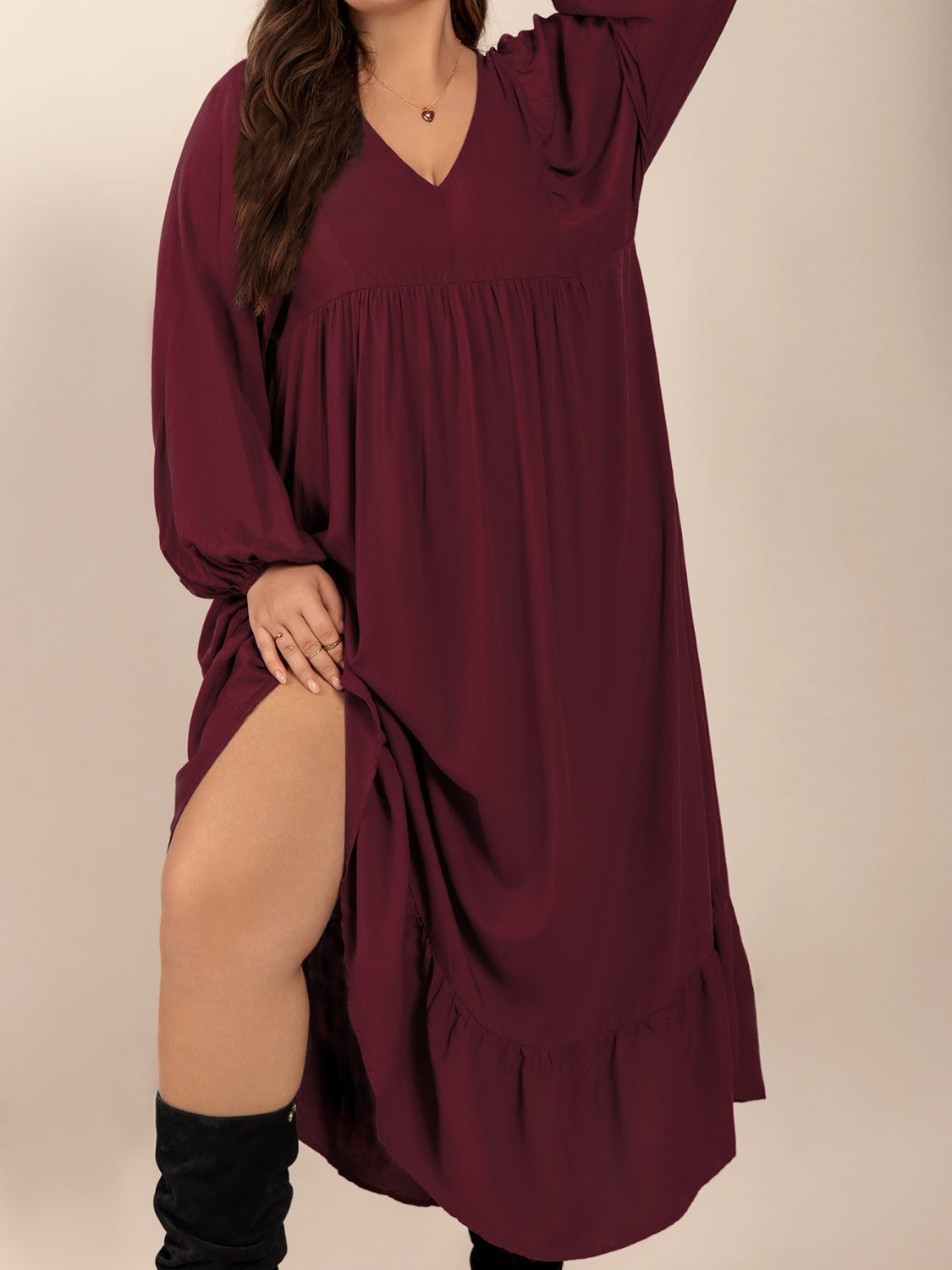 Plus Size Ruffled Hem V-Neck Balloon Sleeve Dress - Trendy by Luna