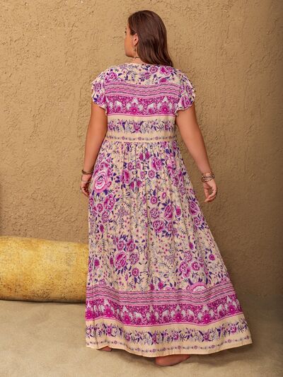 Plus Size Printed V-Neck Cap Sleeve Maxi Dress - Trendy by Luna