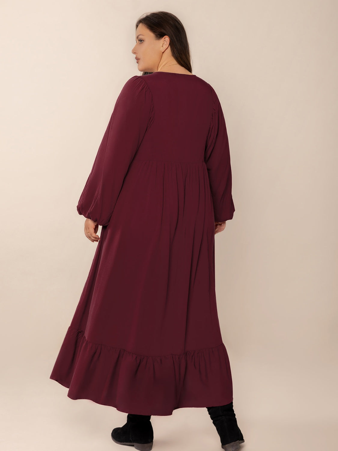 Plus Size Ruffled Hem V-Neck Balloon Sleeve Dress - Trendy by Luna