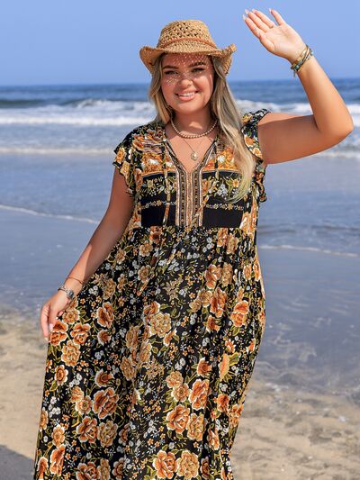 Plus Size Printed V-Neck Ruffle Cap Sleeve Maxi Dress - Trendy by Luna