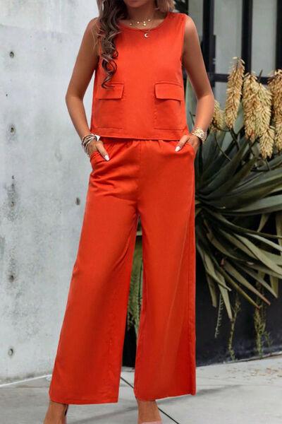 Round Neck Tank and Wide Leg Pants Set - Trendy by Luna