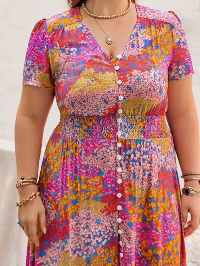 Plus Size Button Up Printed Short Sleeve Maxi Dress - Trendy by Luna