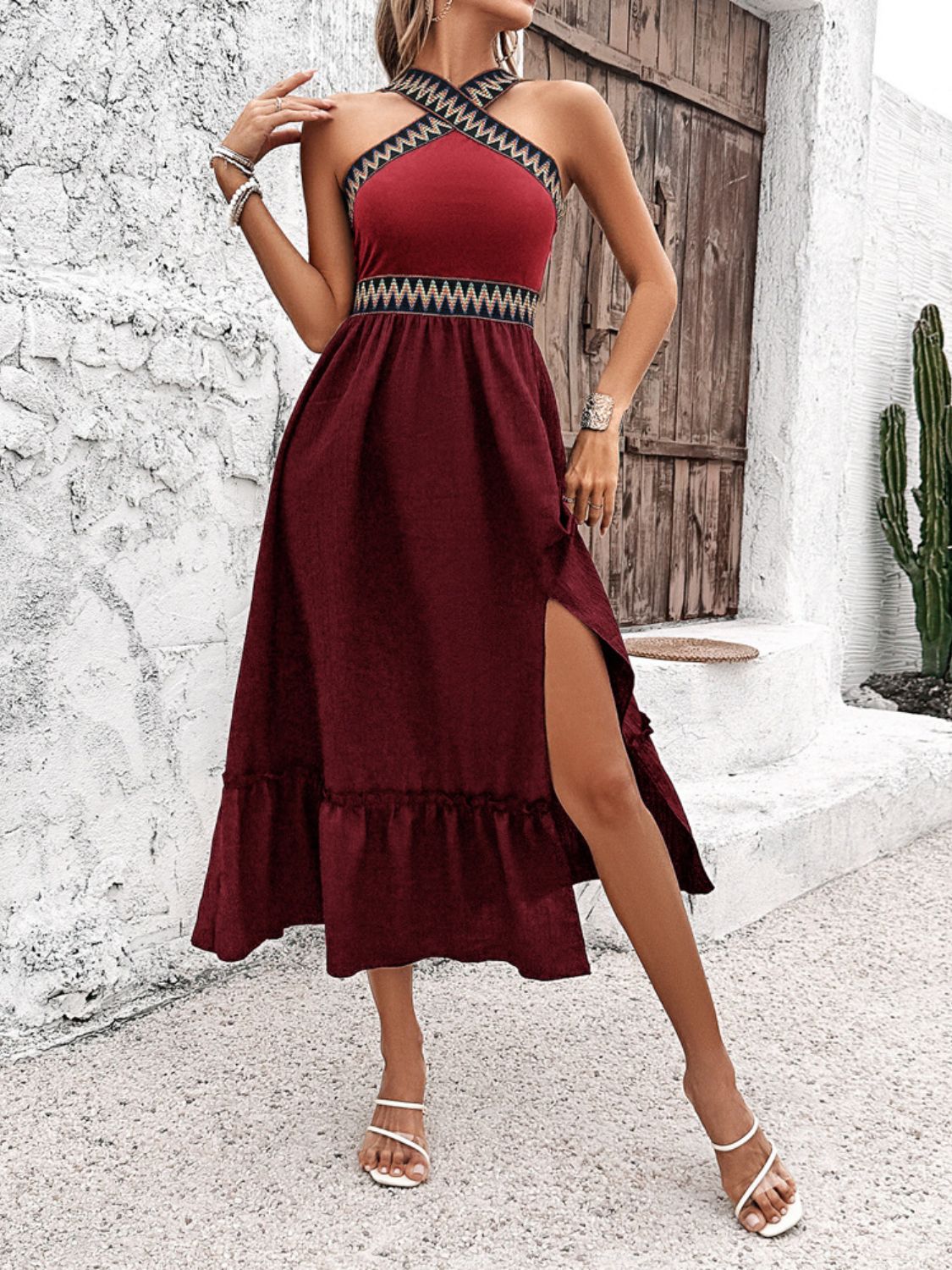 Ruffled Slit Sleeveless Midi Dress - Trendy by Luna