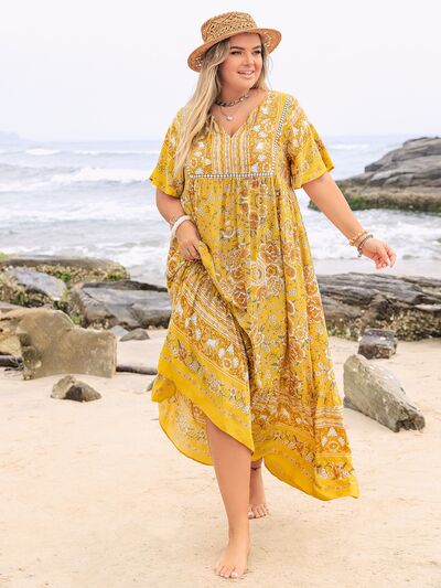Plus Size Floral Tie Neck Flutter Sleeve Maxi Dress - Trendy by Luna