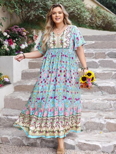 Plus Size Printed Tie Neck Flutter Sleeve Maxi Dress - Trendy by Luna