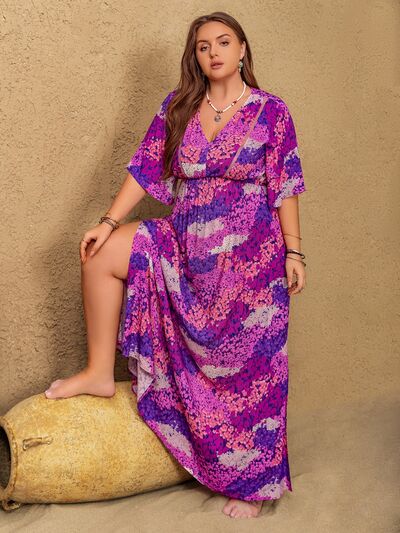 Plus Size Slit Printed Half Sleeve Maxi Dress - Trendy by Luna
