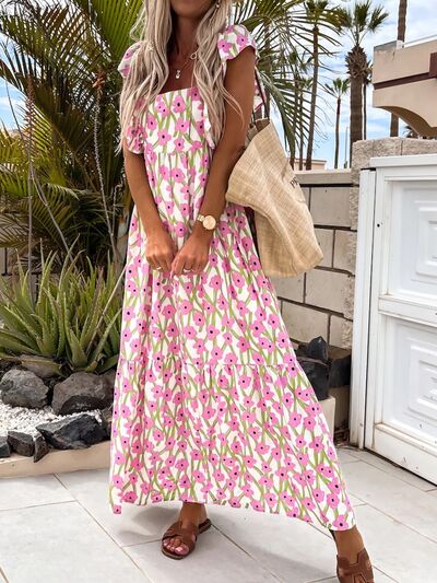 Ruffled Printed Cap Sleeve Midi Dress - Trendy by Luna