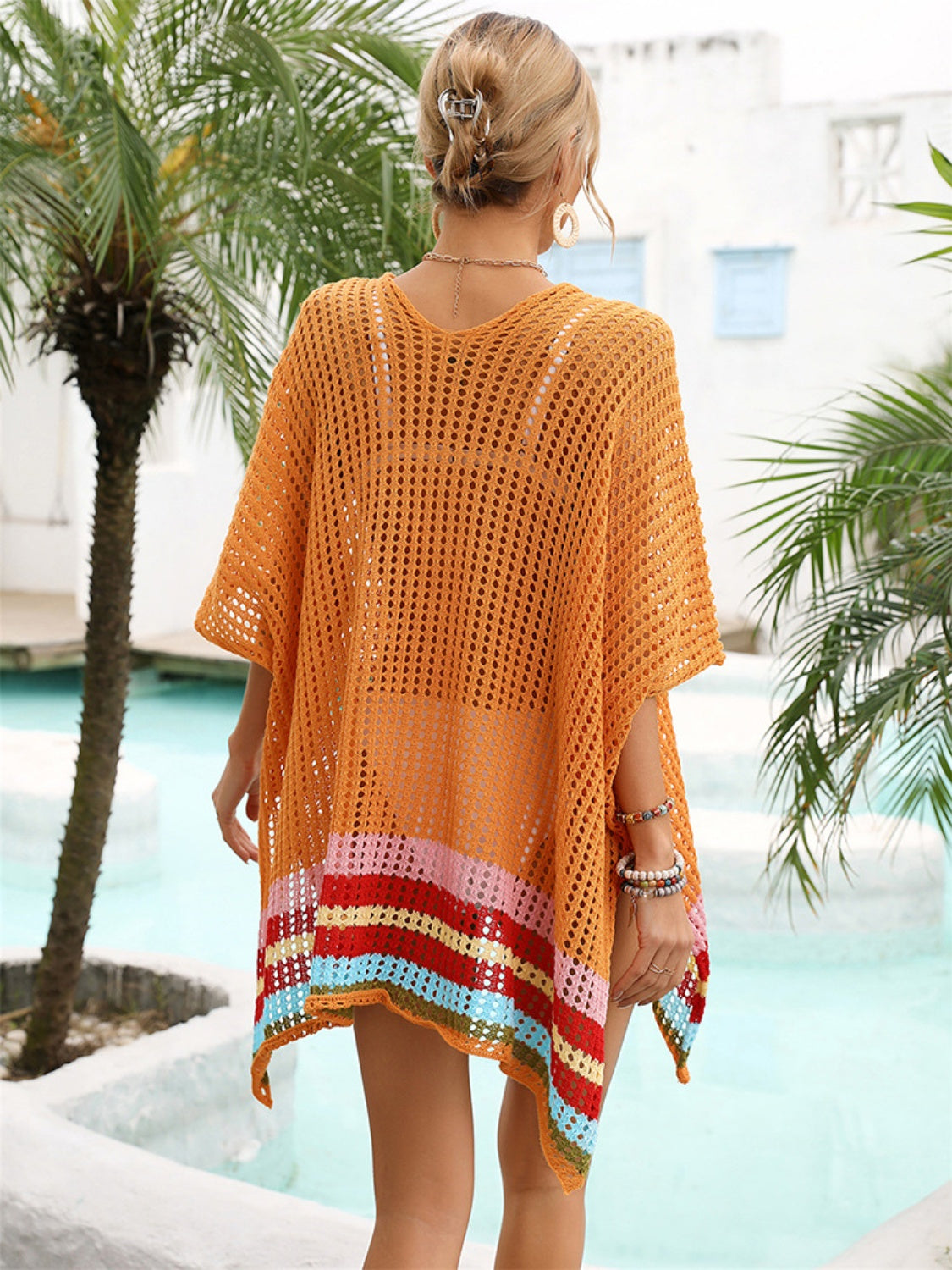 Slit Openwork V-Neck Half Sleeve Cover-Up - Trendy by Luna