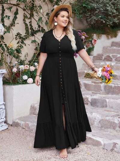 Plus Size Ruffled Hem Button Down V-Neck Short Sleeve Maxi Dress - Trendy by Luna