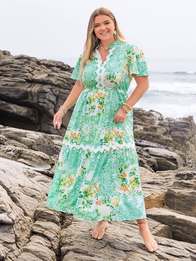Plus Size Printed Notched Short Sleeve Maxi Dress - Trendy by Luna