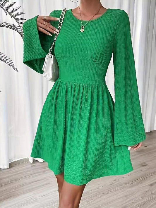Round Neck Flare Sleeve Mini Dress - Trendy by Luna
