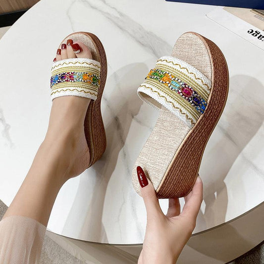 Contrast Cloth Wedge Sandals - Trendy by Luna