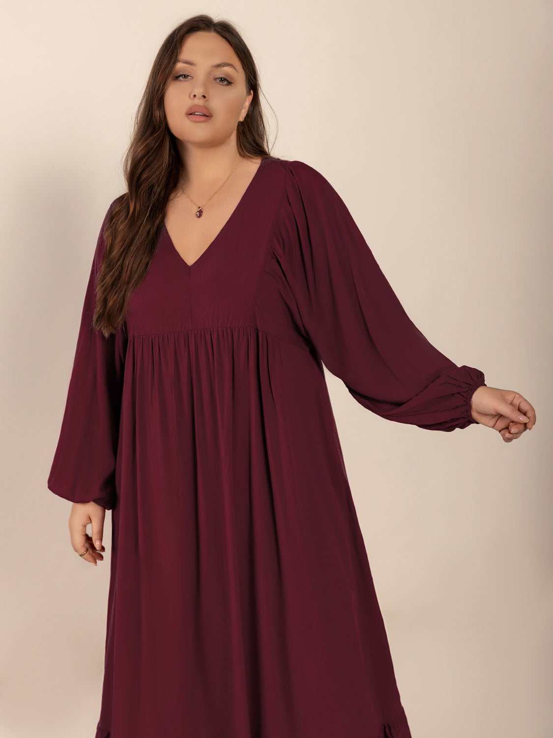 Plus Size Ruffled Hem V-Neck Balloon Sleeve Dress - Trendy by Luna