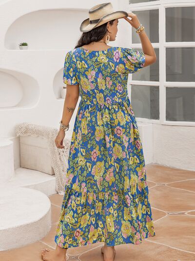 Plus Size Printed V-Neck Short Sleeve Maxi Dress - Trendy by Luna