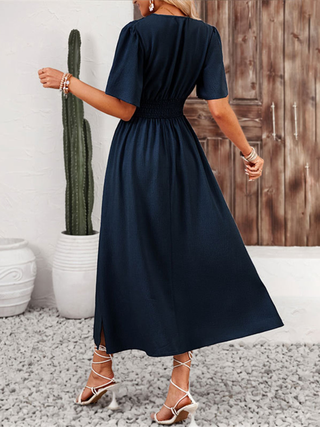 Side Slit Surplice Flutter Sleeve Midi Dress - Trendy by Luna