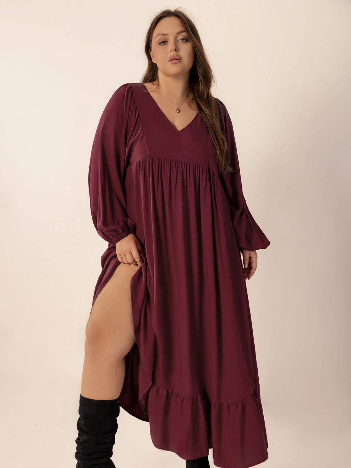 Plus Size Ruffled Hem V-Neck Balloon Sleeve Dress - Trendy by Luna