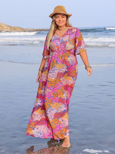 Plus Size Printed V-Neck Half Sleeve Maxi Dress - Trendy by Luna