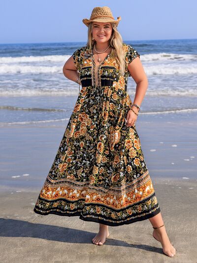Plus Size Printed V-Neck Ruffle Cap Sleeve Maxi Dress - Trendy by Luna