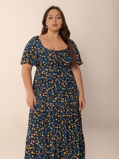 Plus Size Printed Short Sleeve Slit Tiered Maxi Dress - Trendy by Luna