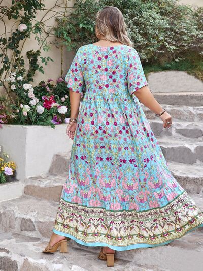 Plus Size Printed Tie Neck Flutter Sleeve Maxi Dress - Trendy by Luna