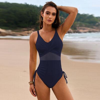 Drawstring Ruched V-Neck One-Piece Swimwear - Trendy by Luna