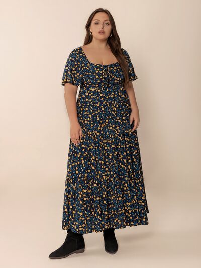 Plus Size Printed Short Sleeve Slit Tiered Maxi Dress - Trendy by Luna